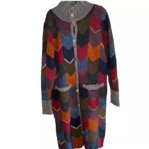 AMANO Bolivia Hand Knit Wool Colorful Marimekko-Like Long Cardigan Jacket M/L